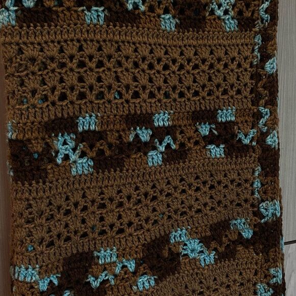 Handmade Afghan Throw Blanket Hand Crocheted Brown Turquoise NEW - Picture 4 of 5
